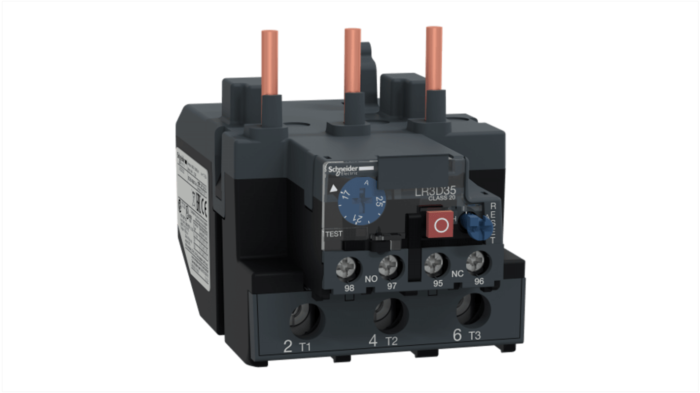 Relè di sovraccarico termico Schneider Electric LR3D3522, 1 NA + 1 NC, carico FLC 17-25 A, con selettore di reset e indicatore a bandiera.