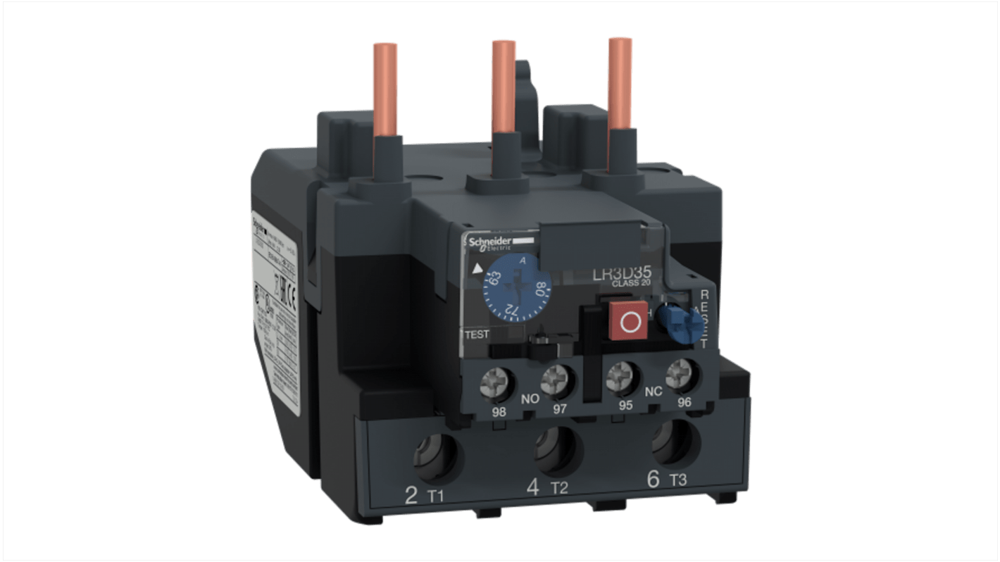 Relè di sovraccarico termico Schneider Electric LR3D3563, 1 NA + 1 NC, carico FLC 62-80 A, con quadrante di regolazione e selettore di reset.