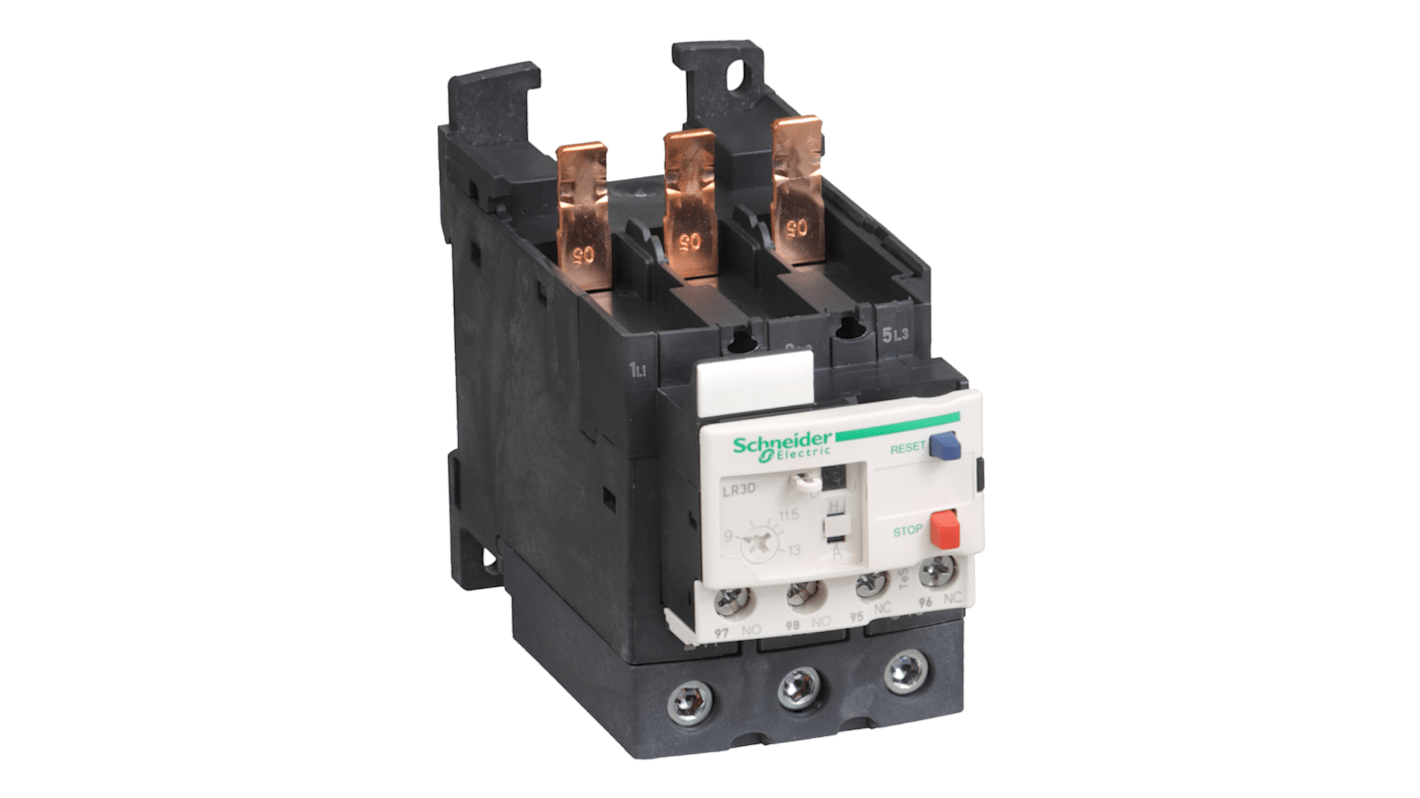 Relè di sovraccarico termico Schneider Electric LR3D365, 1 NA + 1 NC, protezione per motori fino a 65 A, con regolazione termica e reset manuale-automatico.