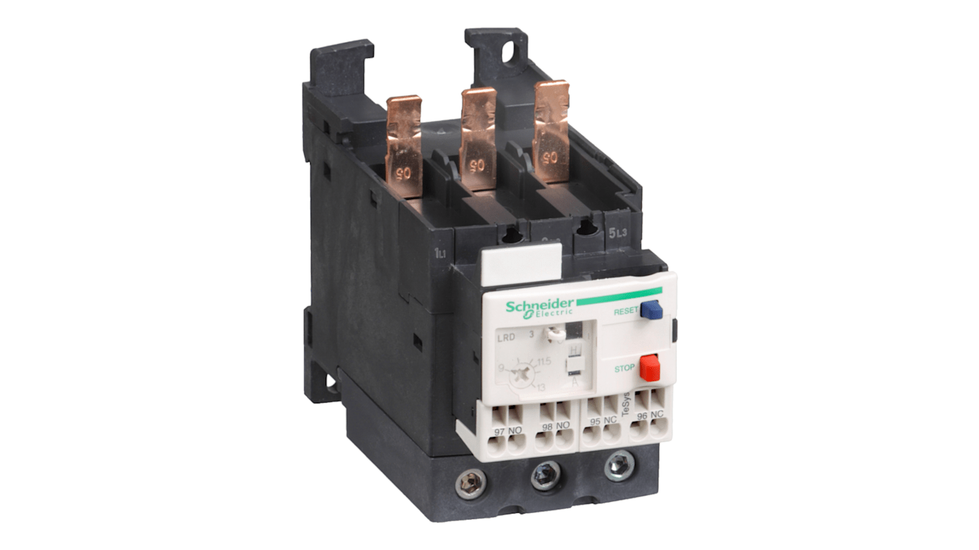 Relè di sovraccarico termico Schneider Electric LRD3503, 1 NA + 1 NC, protezione motori fino a 50 A, con selettore di reset e indicatore.