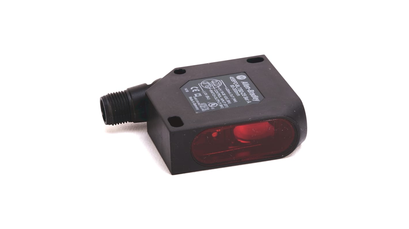 Sensore fotoelettrico Rockwell Automation 45BPD-8LTB2-D5, rilevamento a 300 mm, uscita PNP, contenitore IP67, laser rosso visibile.