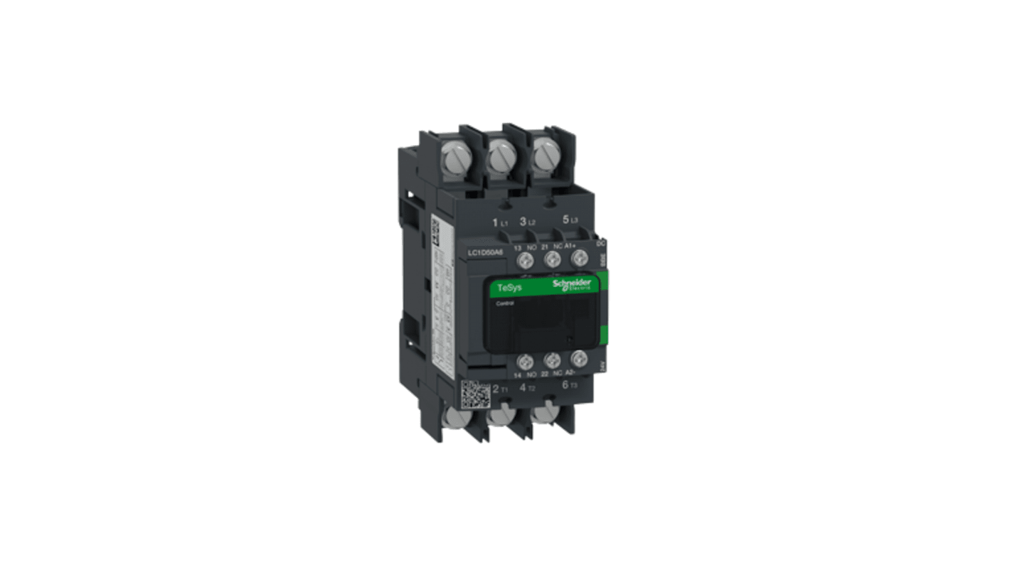 Contattore Schneider Electric LC1D50A6BBE, 3 poli, 50 A, montaggio su guida DIN, bobina a basso consumo, compatto.