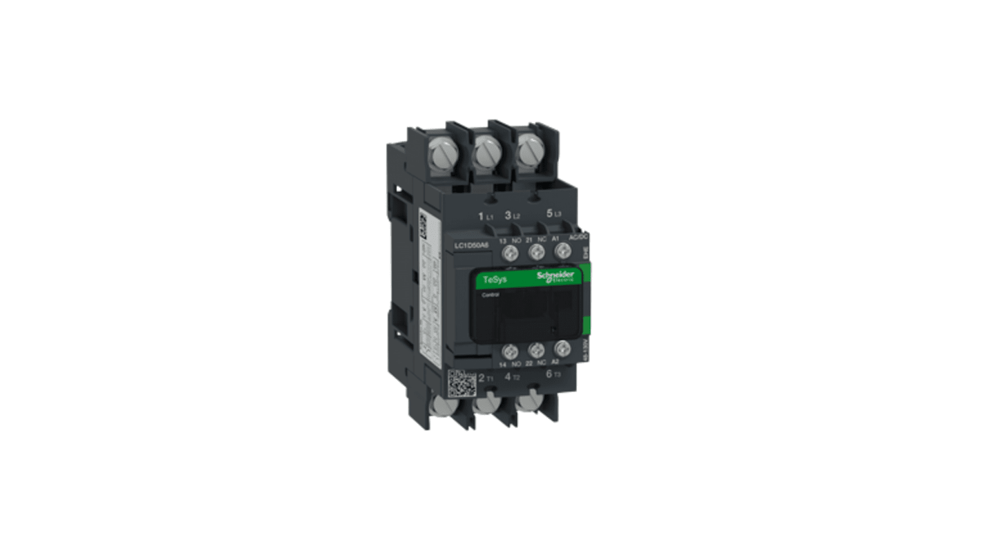 Contattore Schneider Electric LC1D50A6EHE, 3 poli, 50 A, montaggio su guida DIN, temperatura operativa fino a 60 gradi.