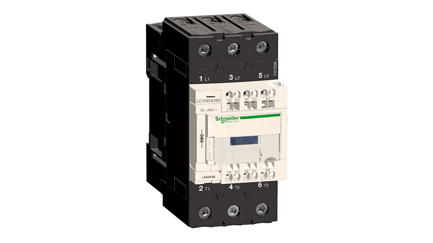 Contattore Schneider Electric LC1D65A3E7, 3 poli, 65 A, montaggio su guida DIN, bobina a basso consumo, resistenza al fuoco.