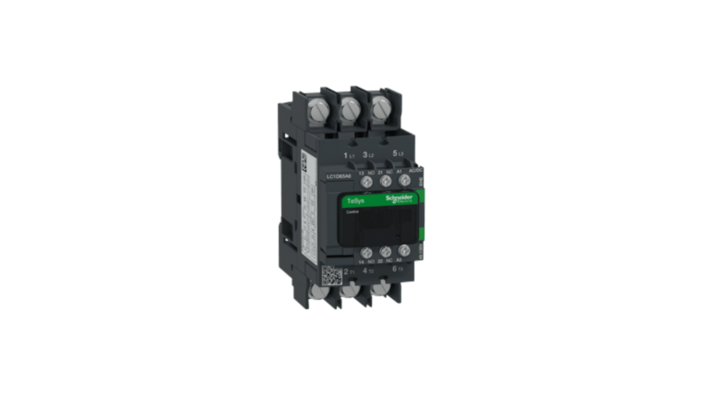Contattore Schneider Electric LC1D65A6EHE, 4 poli, 65 A, montaggio su guida DIN, bobina a basso consumo, resistenza al fuoco.