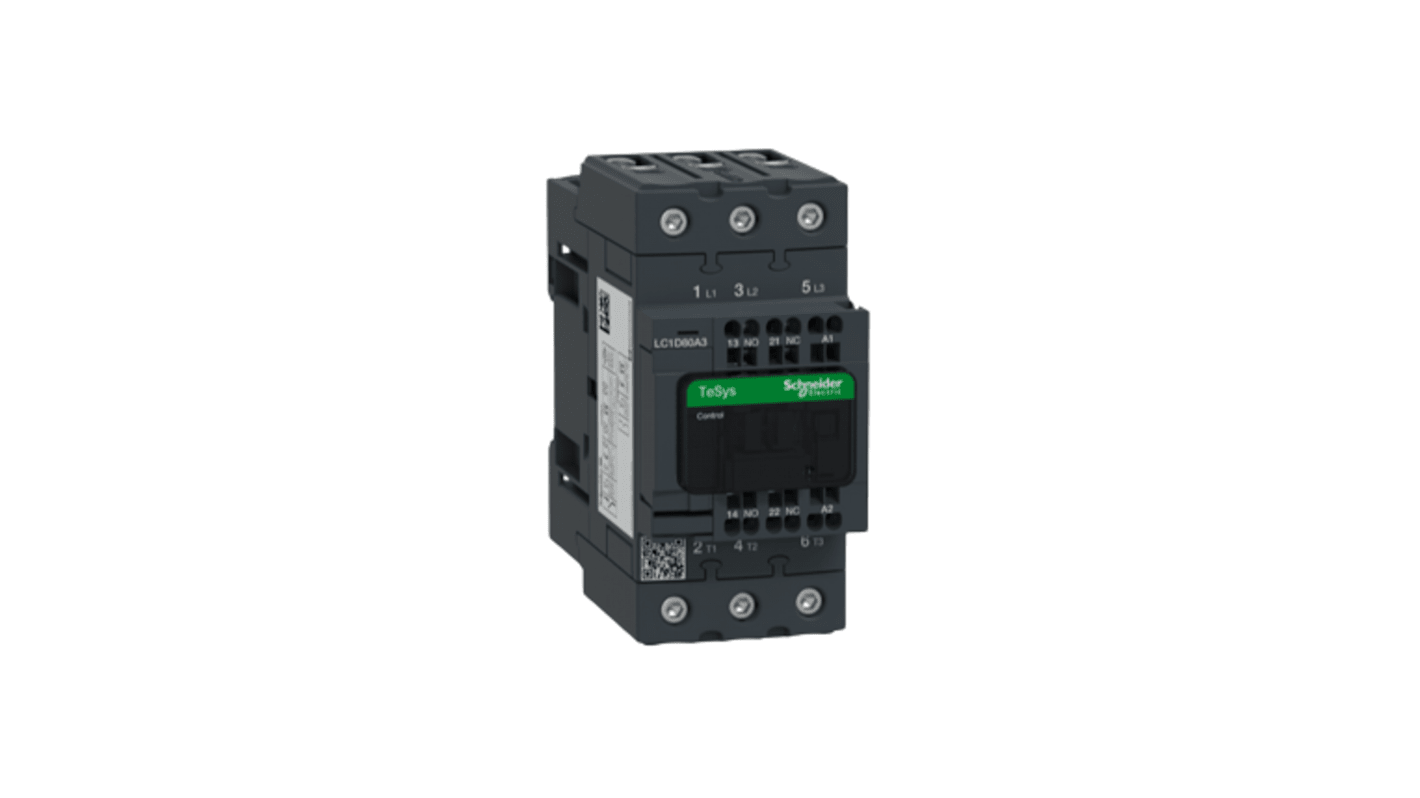 Contattore Schneider Electric LC1D80A3B7, 3 poli, 80 A, montaggio su guida DIN, bobina a basso consumo, resistenza al fuoco.