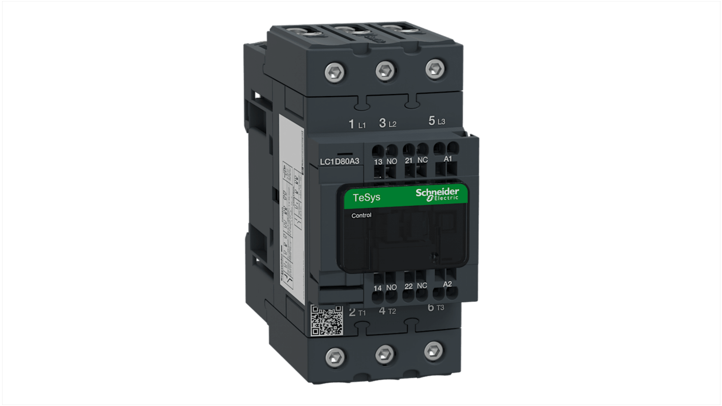 Contattore Schneider Electric LC1D80A3P7, 3 poli, 80 A, montaggio su guida DIN, bobina a basso consumo, resistenza al fuoco.