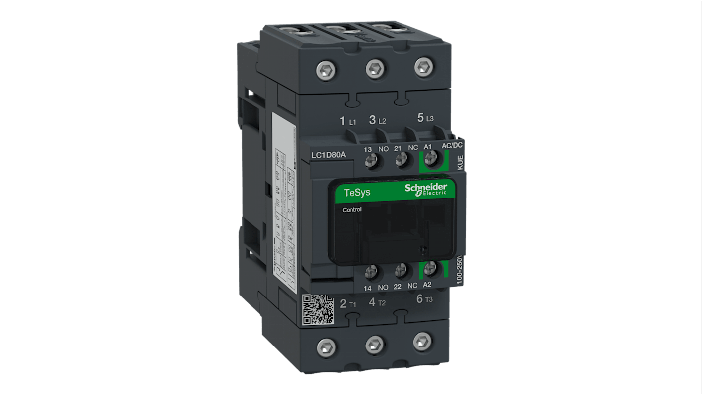 Contattore Schneider Electric LC1D80AKUE, 3 poli, 80 A, 1 NA + 1 NC, montaggio su guida DIN, bobina a basso consumo.