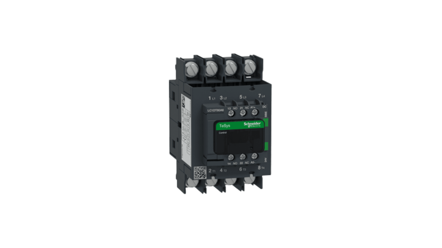 Contattore Schneider Electric LC1DT80A6BBE, 4 poli, 80 A, 24 V, montaggio su guida DIN, bobina a basso consumo.