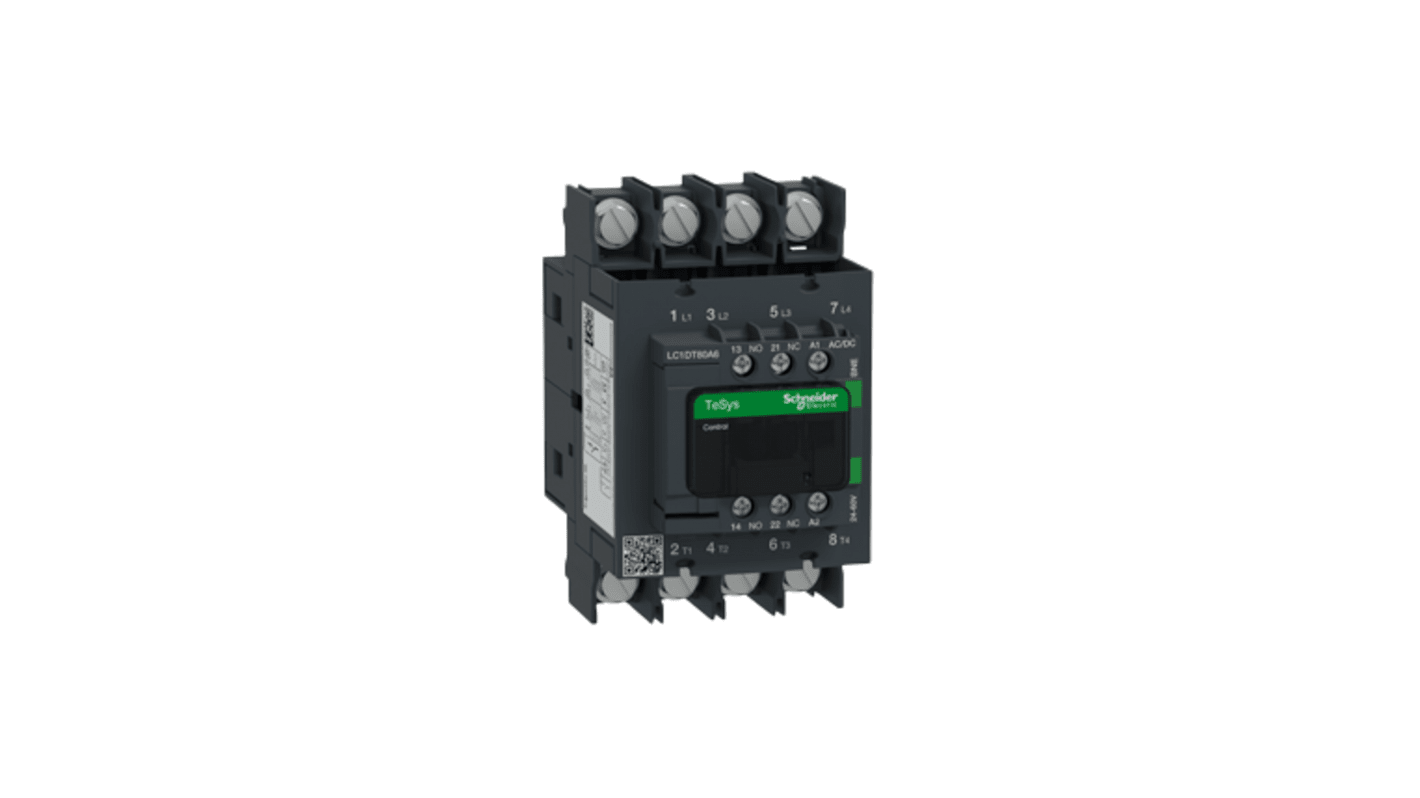 Contattore Schneider Electric LC1DT80A6BNE, 4 poli, 80 A, tensione bobina 24-60 V, montaggio su guida DIN.