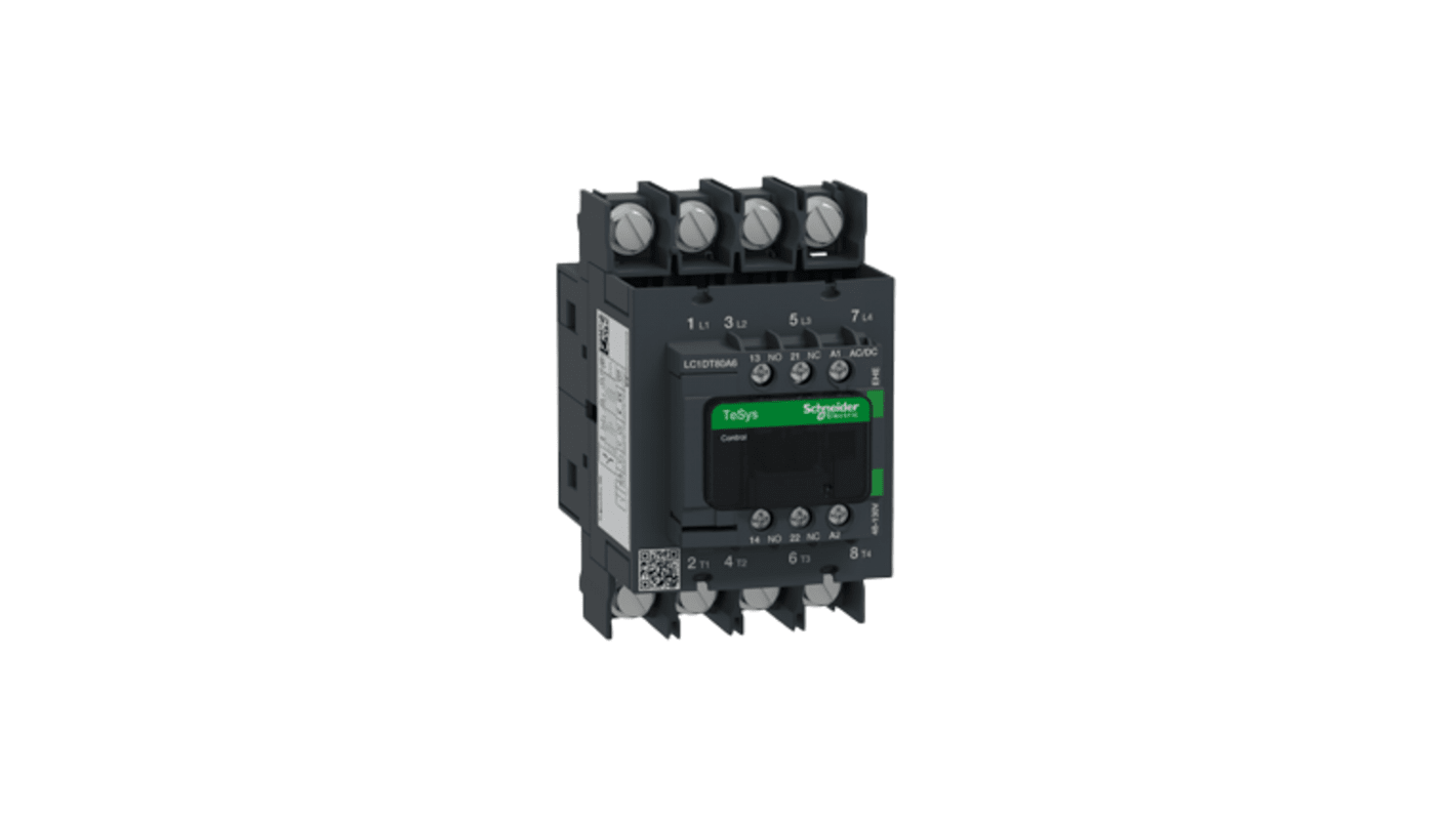 Contattore Schneider Electric LC1DT80A6EHE, 4 poli, 80 A, montaggio su guida DIN, resistenza al fuoco, 1 NA + 1 NC.