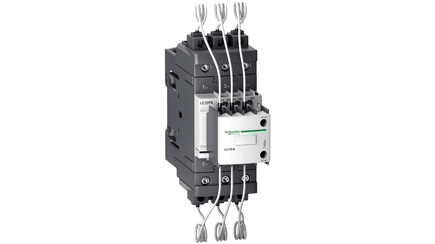 Contattore Schneider Electric LC1DTKP7, 3 poli, 1 NA + 1 NC, montaggio su guida DIN, bobina a basso consumo.