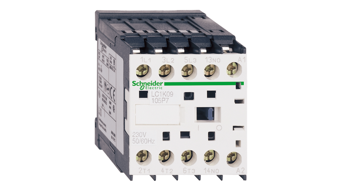 Contattore Schneider Electric LC1K06105P7, 3 poli, 6 A, montaggio su guida DIN, bobina a basso consumo, resistenza al fuoco.