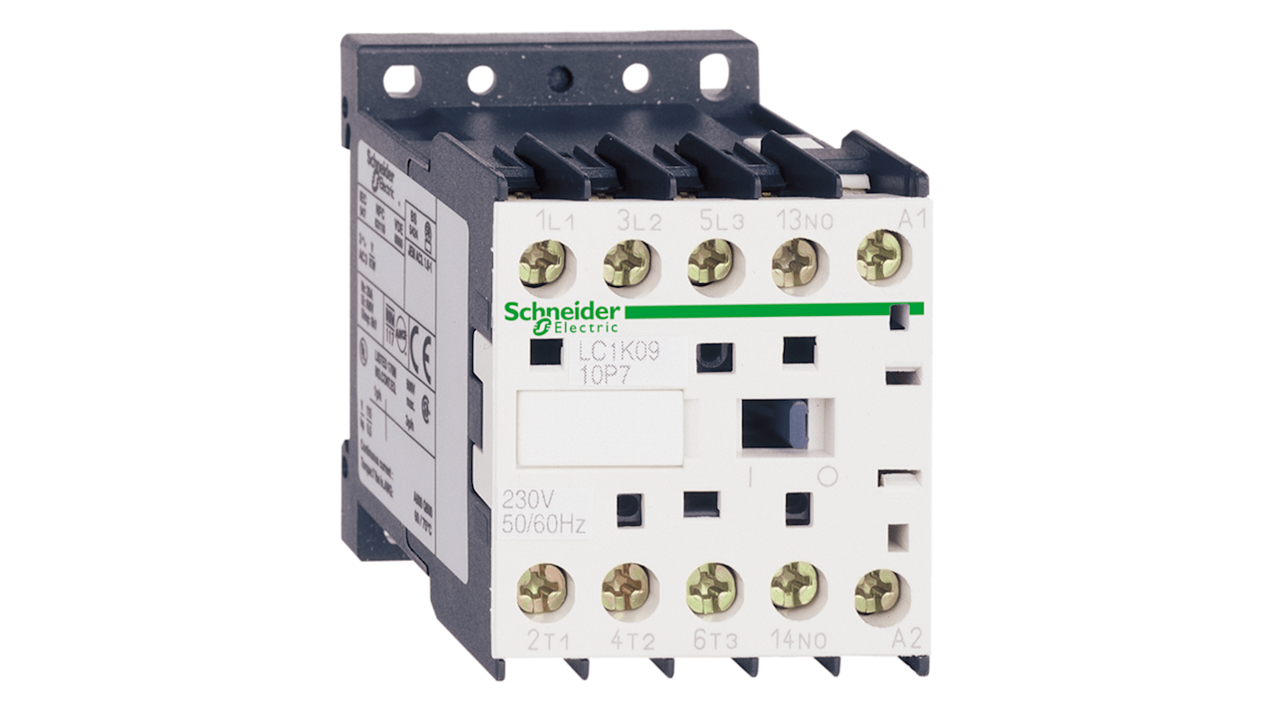 Contattore Schneider Electric LC1K1210G7, 3 poli, 12 A, montaggio su guida DIN, bobina a basso consumo, resistenza al fuoco.