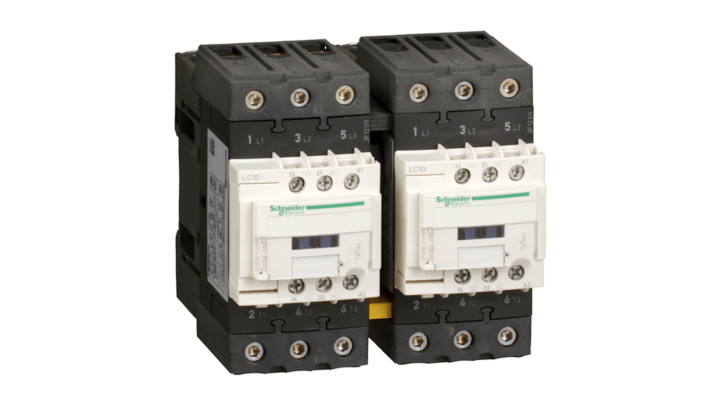Contattore di inversione Schneider Electric LC2D50AE7, 50 A, 3 poli, montaggio su guida CompactDIN, operatività fino a 60 °C.