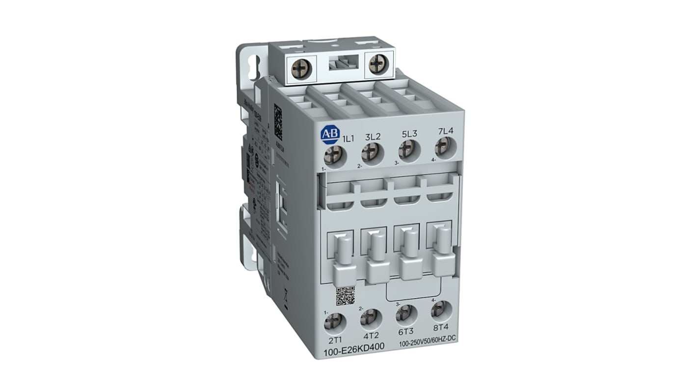 Contattore Rockwell Automation 100-E26KD200, 4 poli, 45 A, 100-250 V c.a., 2NC/2NO, bobina elettronica con soppressione.