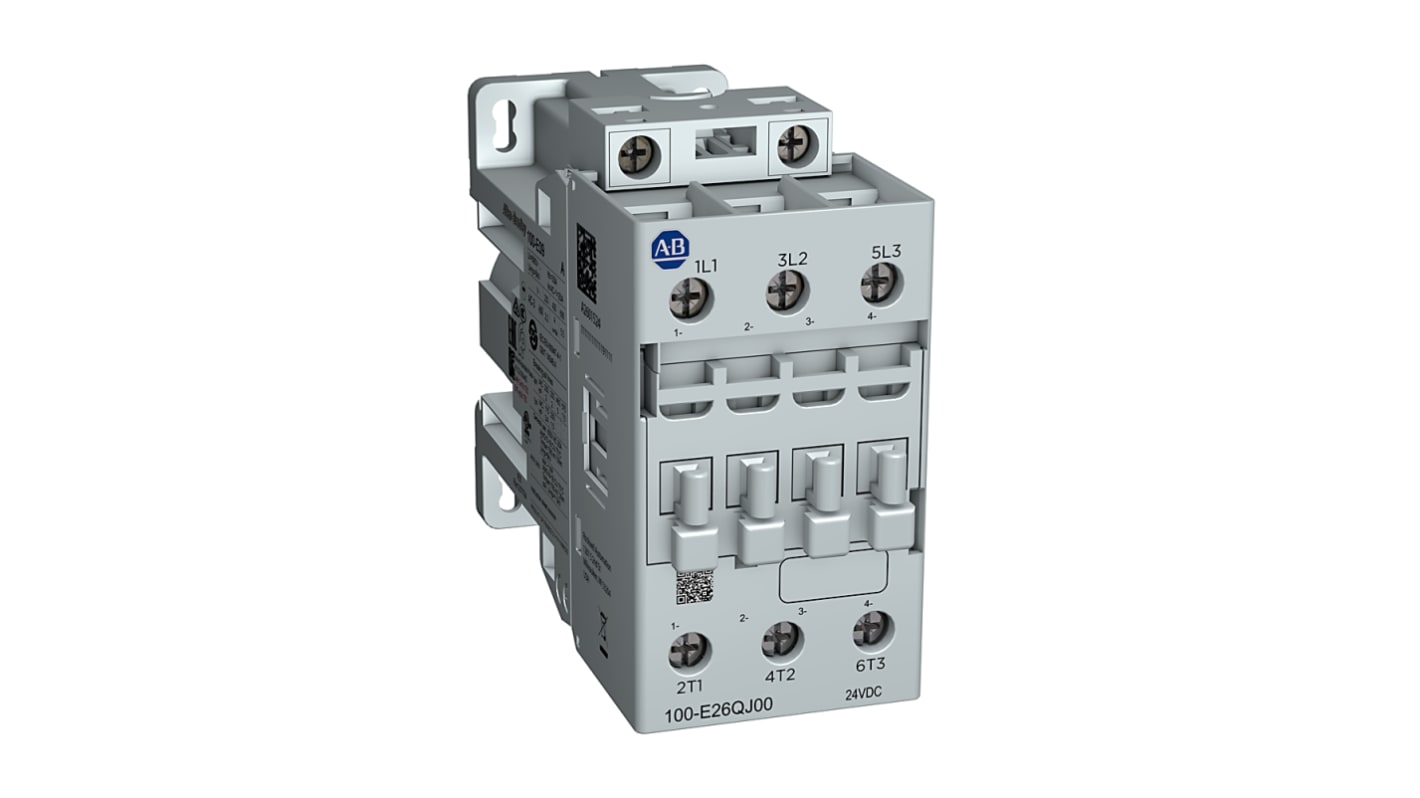 Contattore Rockwell Automation 100-E30QJ00, 3 poli, 1NC, 32 A, 24 V c.c., con soppressione sovratensioni.