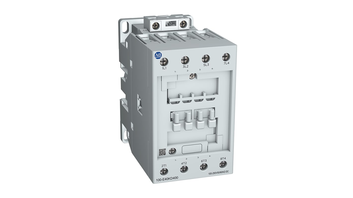 Contattore Rockwell Automation 100-E40KD400, 4 poli, 40 A, bobina 100-250 V c.a., con soppressione sovratensioni.