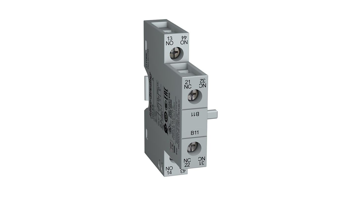 Contatto ausiliario Rockwell Automation 100-ESB11, 2 poli, 1NC/1NO, montaggio laterale per contattori 100S-E/104S-E. Terminali a vite, commutazione fino a 12 V e 3 mA, corrente nominale 12 A.