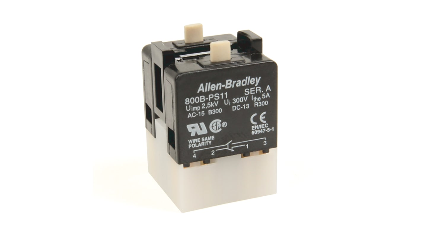 Blocco contatti Rockwell Automation 800B-PS22, compatibile con pulsanti da 16 mm, realizzato in plastica resistente alla corrosione.