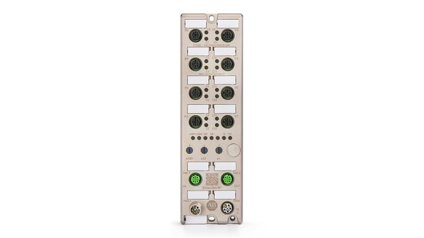 Zoccolo relè Rockwell Automation 1732E-16CFGM12M12LDR, 16 ingressi/uscite, alimentazione 24 V c.c., dimensioni 7,87 x 2,36 x 1,22 pollici.