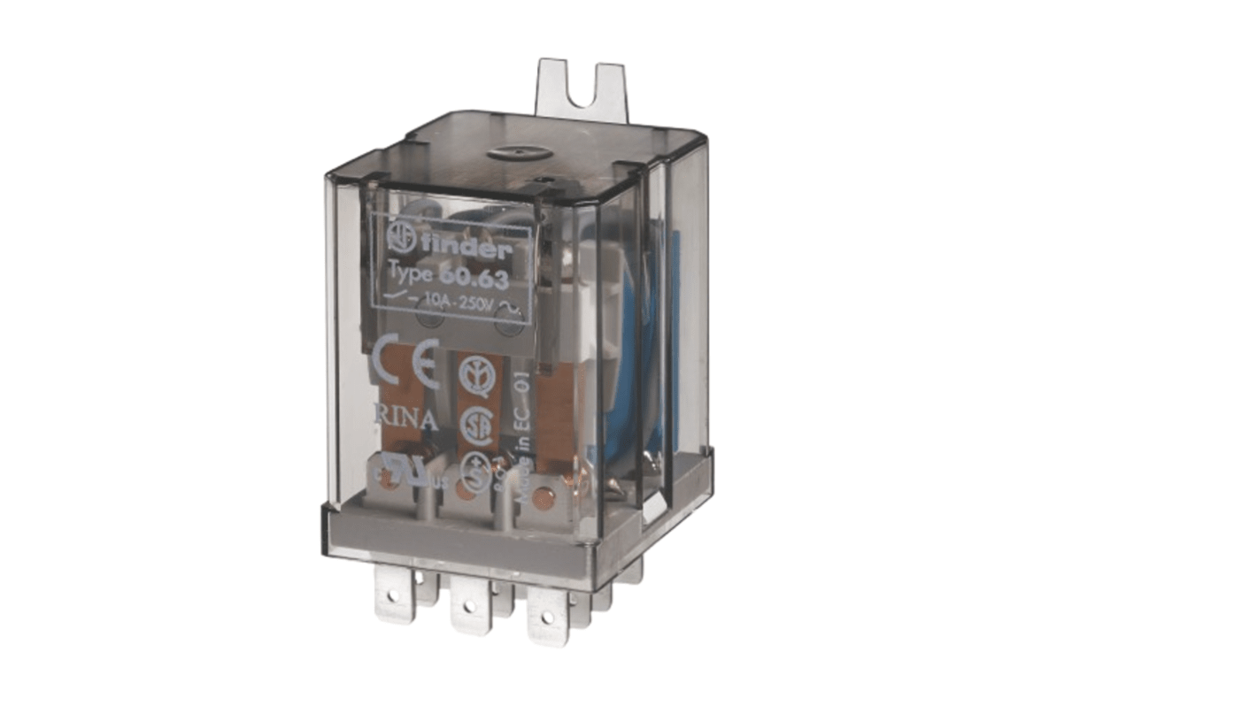 Finder 606382300000, relè 230V ca per montaggio su flangia, contatti 2 e 3 poli, corrente 10A, con pulsante di prova.
