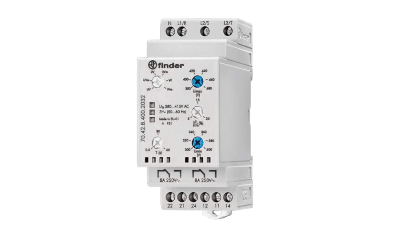 Finder 704284002032, relè di monitoraggio tensione multifunzione per applicazioni industriali, montaggio su guida da 35 mm.