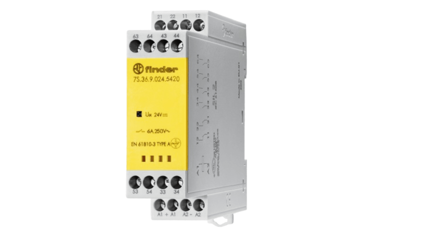 Finder 7S3690245420, relè di potenza 4NA/2NC per montaggio su guida DIN, bobina 24V cc, corrente di commutazione 6A.