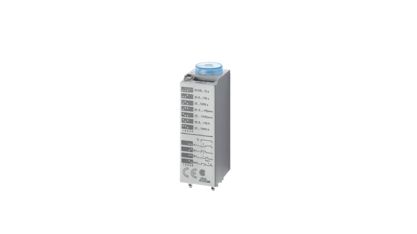 Finder, timer relay a innesto 230-240V, temporizzazione 0,05 s a 100 h, montaggio su guida da 35 mm, connettori femmina serie 94.