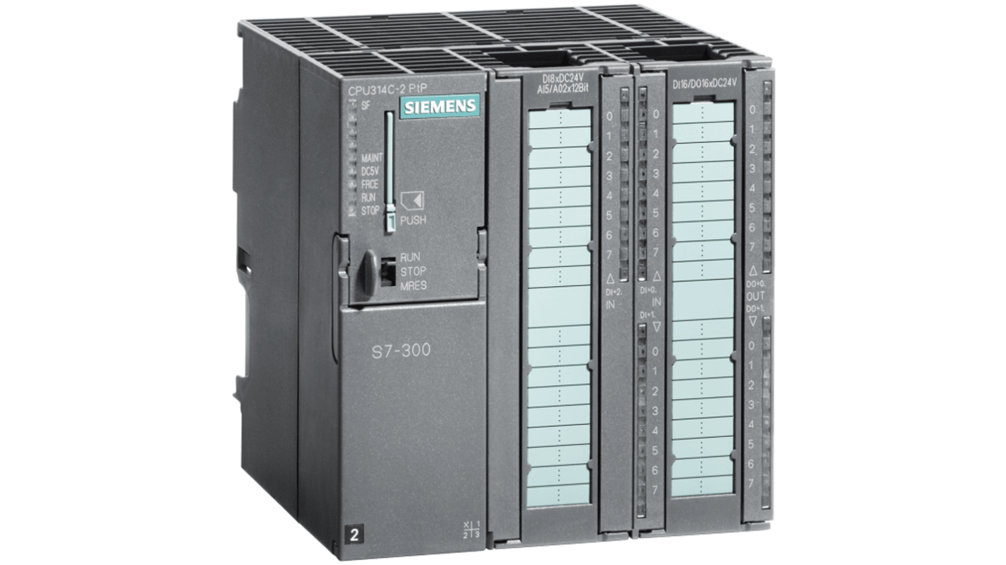 CPU PLC Siemens 6AG1314-6BH04-7AB0, 29 ingressi, 18 uscite, alimentazione 24 V CC, montaggio su guida.