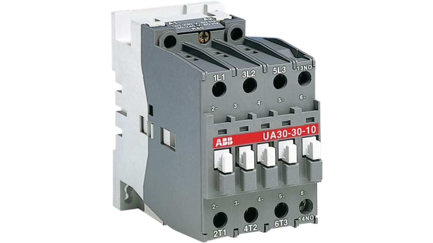 Contattore di installazione ABB 1SBL281022R8810, 3 poli, 4 A, 230-260 V, con 1 contatto ausiliario, design compatto e morsetti a vite.
