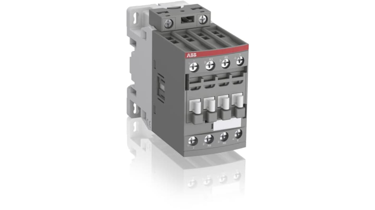 Contattore ABB 1SBL296501R2200 per controllo motori, 4 poli, 11 kW, tensione bobina 48-130 V, design compatto con morsetti a vite.