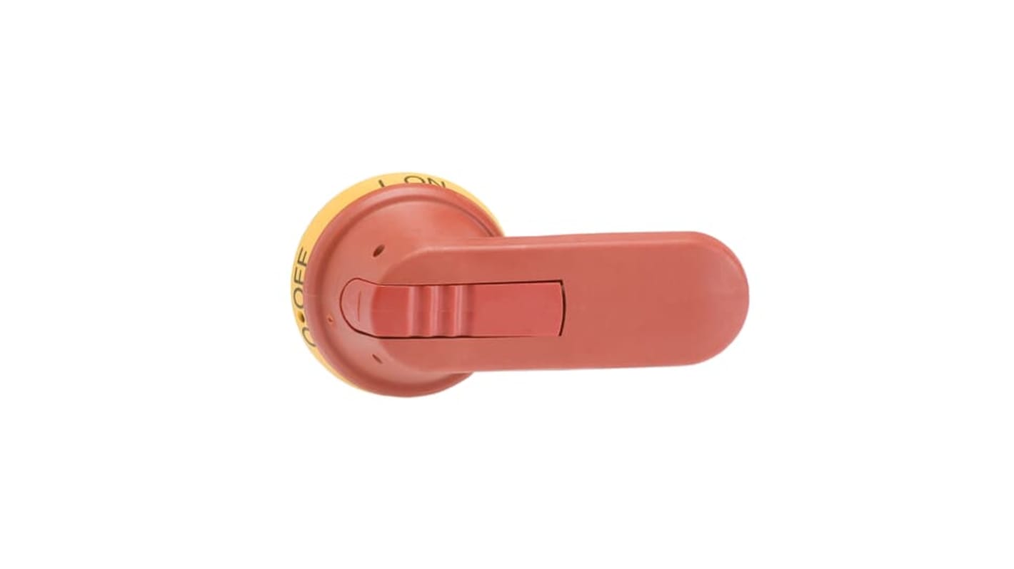 Manopola rotante ABB 1SCA022736R1910 per interruttore automatico, colore rosso-giallo, dimensioni 128 x 45 x 66 mm, grado di protezione IP65.