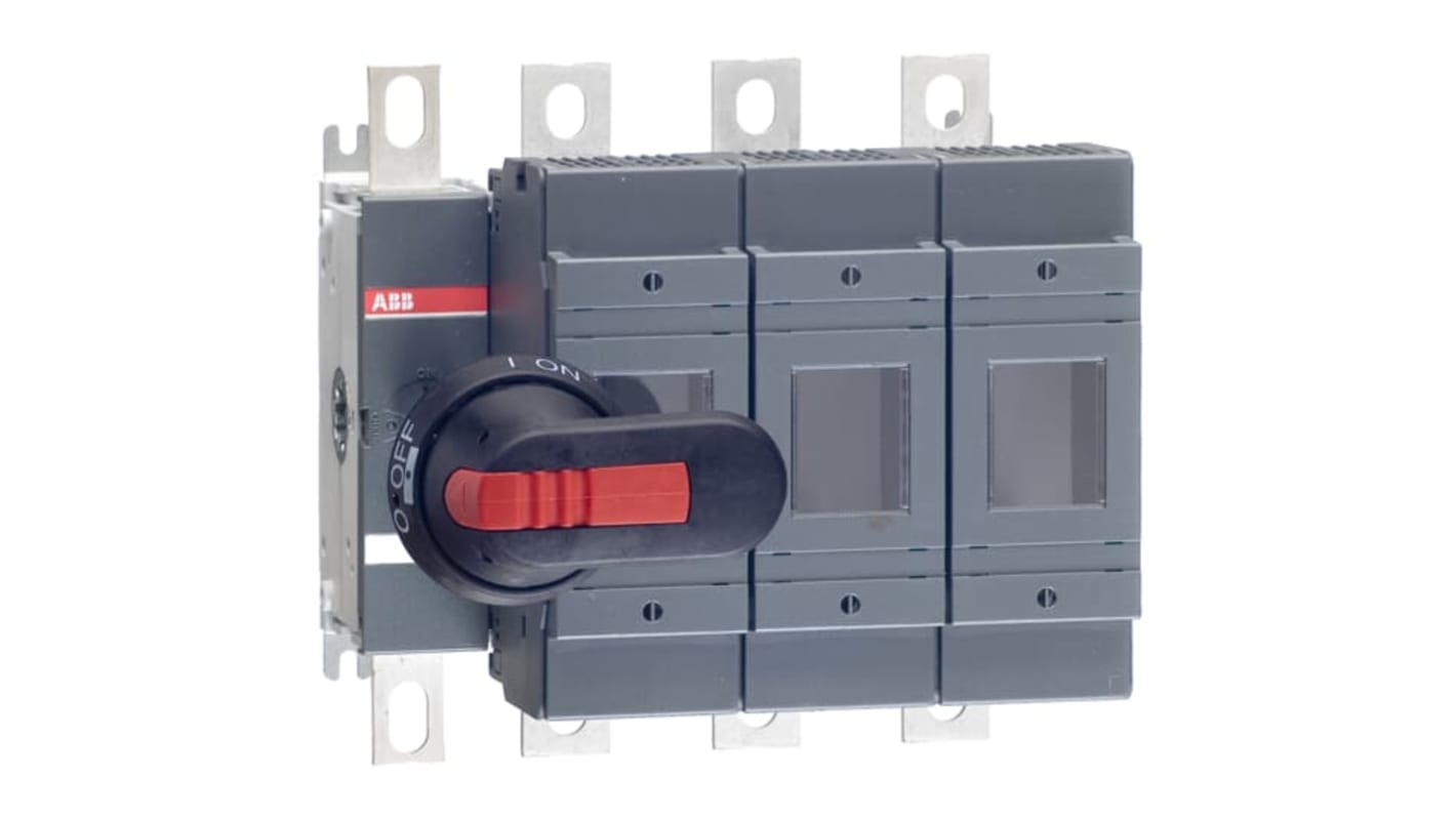 Sezionatore portafusibili integrato ABB, 3 poli, 250A, con impugnatura bloccabile e protezione IP65.