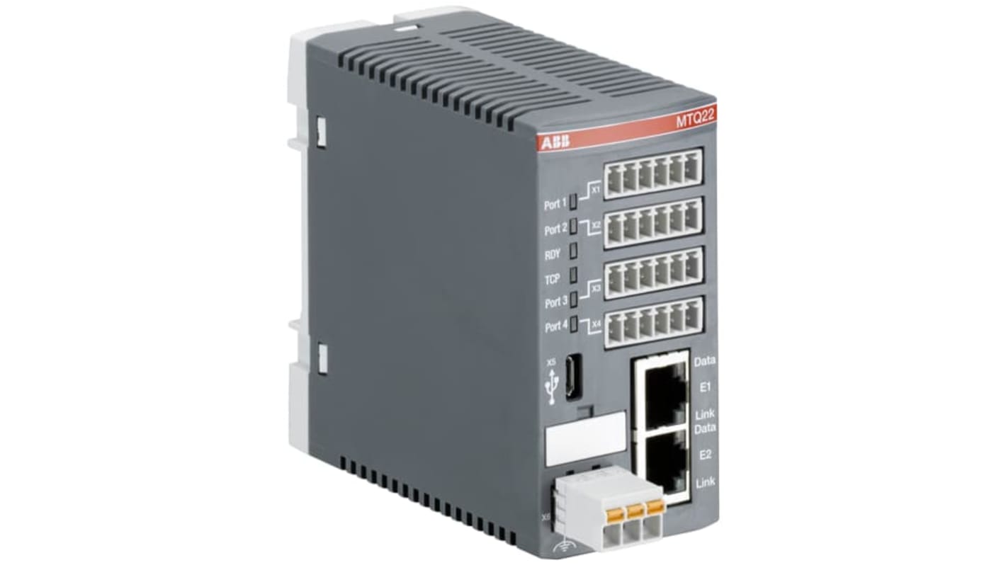 Modulo di comunicazione Ethernet ABB 1SAJ260000R0100, montaggio su guida DIN, dimensioni 45 x 90 x 96 mm, supporta Modbus TCP.