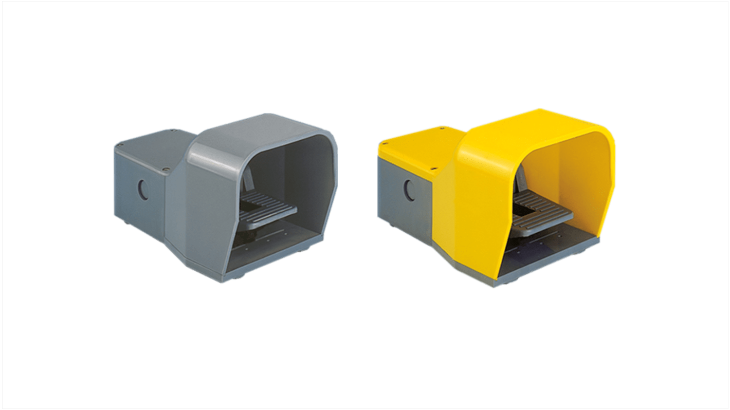 Interruttore a pedale Instabile On-Off ABB, dimensioni 140 x 138 x 280 mm, grado di protezione IP65, colore grigio con coperchio giallo.