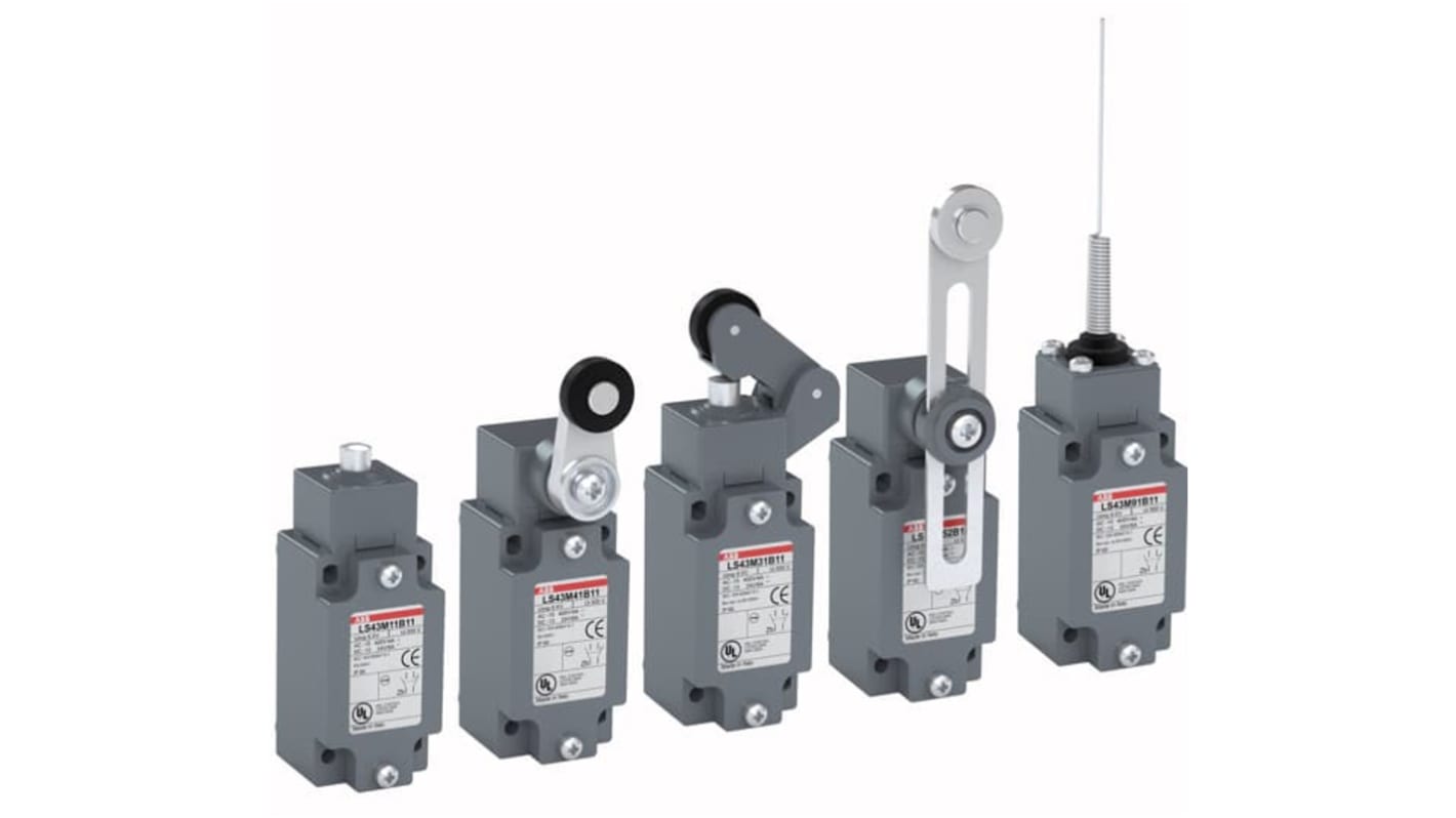 Interruttore di fine corsa a leva a rullo ABB, 1NA/1NC, IP66, 400V, custodia in lega di zinco, dimensioni 40 mm, 4 fori di montaggio.