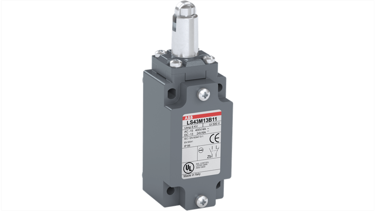 Interruttore di fine corsa a leva a rullo ABB, 1NA/1NC, IP66, custodia in lega di zinco, attuatore in acciaio inox, 400V ca.