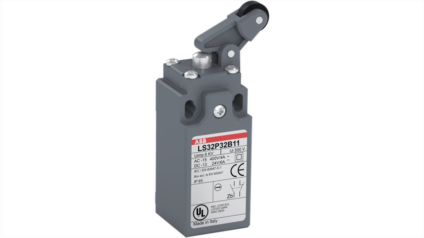 Interruttore di fine corsa a leva a rullo ABB, 1NA/1NC, IP65, custodia in plastica rinforzata, dimensioni 30 mm, attuatore in acciaio.