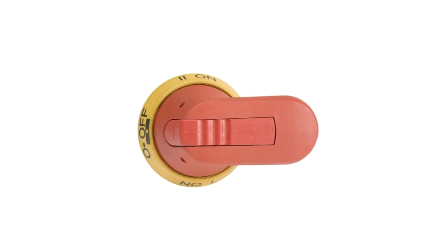 Manopola rotante ABB 1SCA022779R1840 per sezionatori, dimensioni 66 x 98 mm, grado di protezione IP65, colore rosso/giallo.