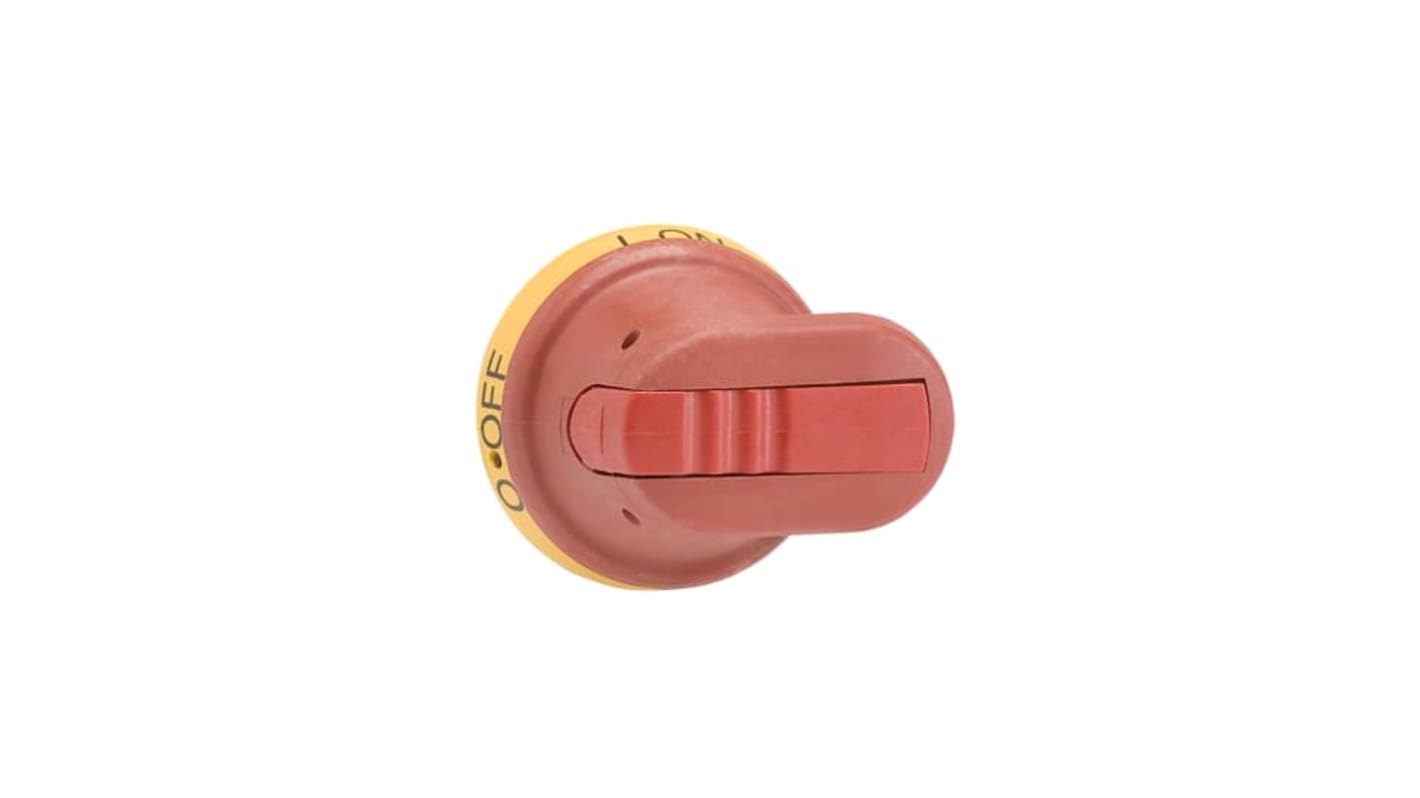 Manopola rotante ABB 1SCA022817R2300 per sezionatori, dimensioni 66 x 78 mm, grado di protezione IP65, colore rosso/giallo.