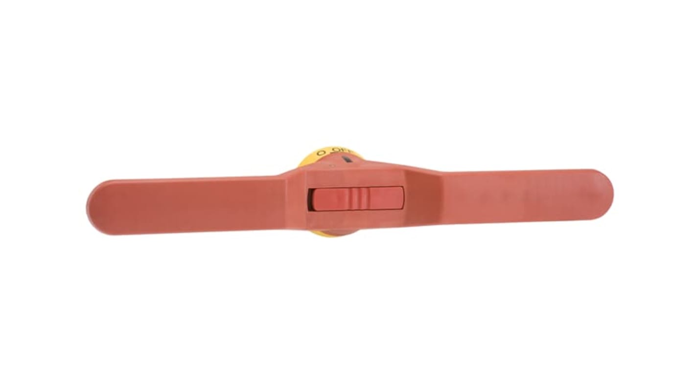 Manopola rotante ABB 1SCA101587R1001 per sezionatori, dimensioni 70 x 400 mm, grado di protezione IP65, colore rosso/giallo.