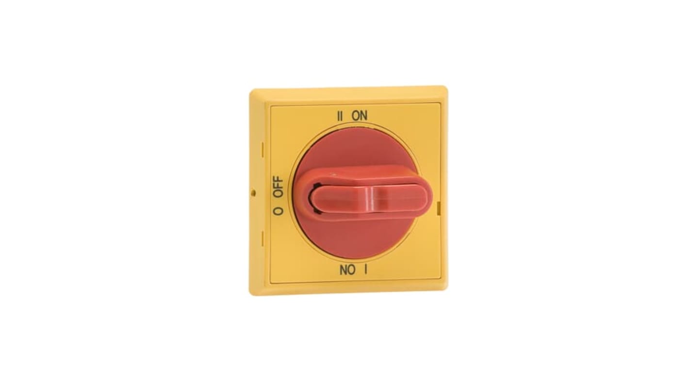 Manopola rotante ABB 1SCA105301R1001 per sezionatori, dimensioni 66 x 66 x 34 mm, colore rosso/giallo, grado di protezione IP65.