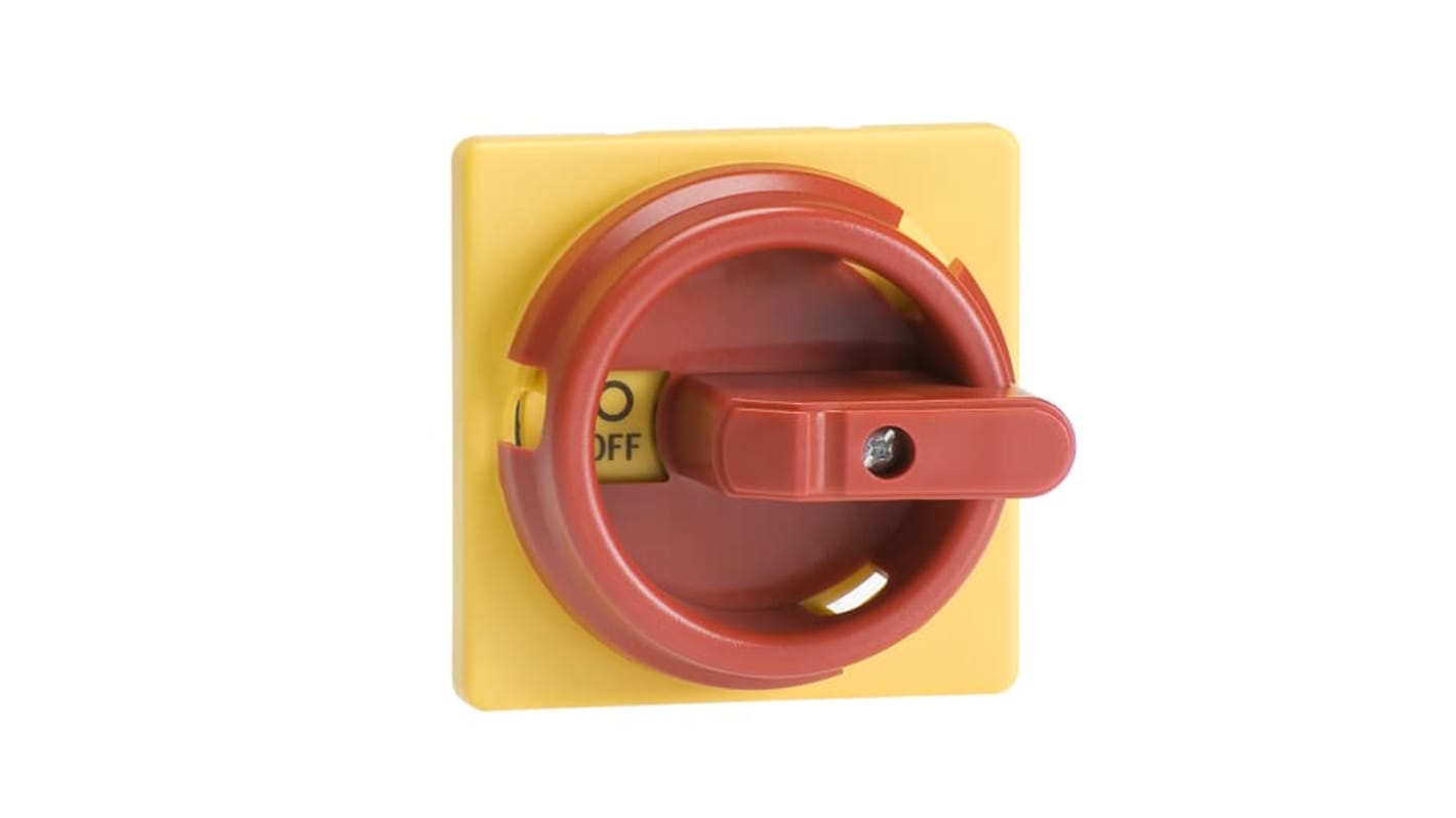 Manopola rotante bloccabile ABB 1SCA111429R1001 per sezionatori, dimensioni 66 x 66 x 59 mm, colore rosso/giallo, grado di protezione IP67.