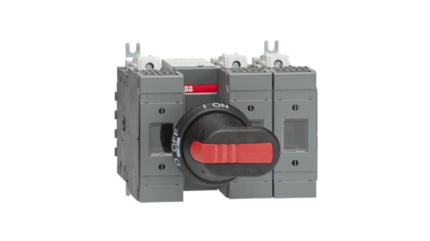 Sezionatore portafusibili ABB 1SCA115449R1001, 3 poli, 63A, montaggio su base, include impugnatura e albero.