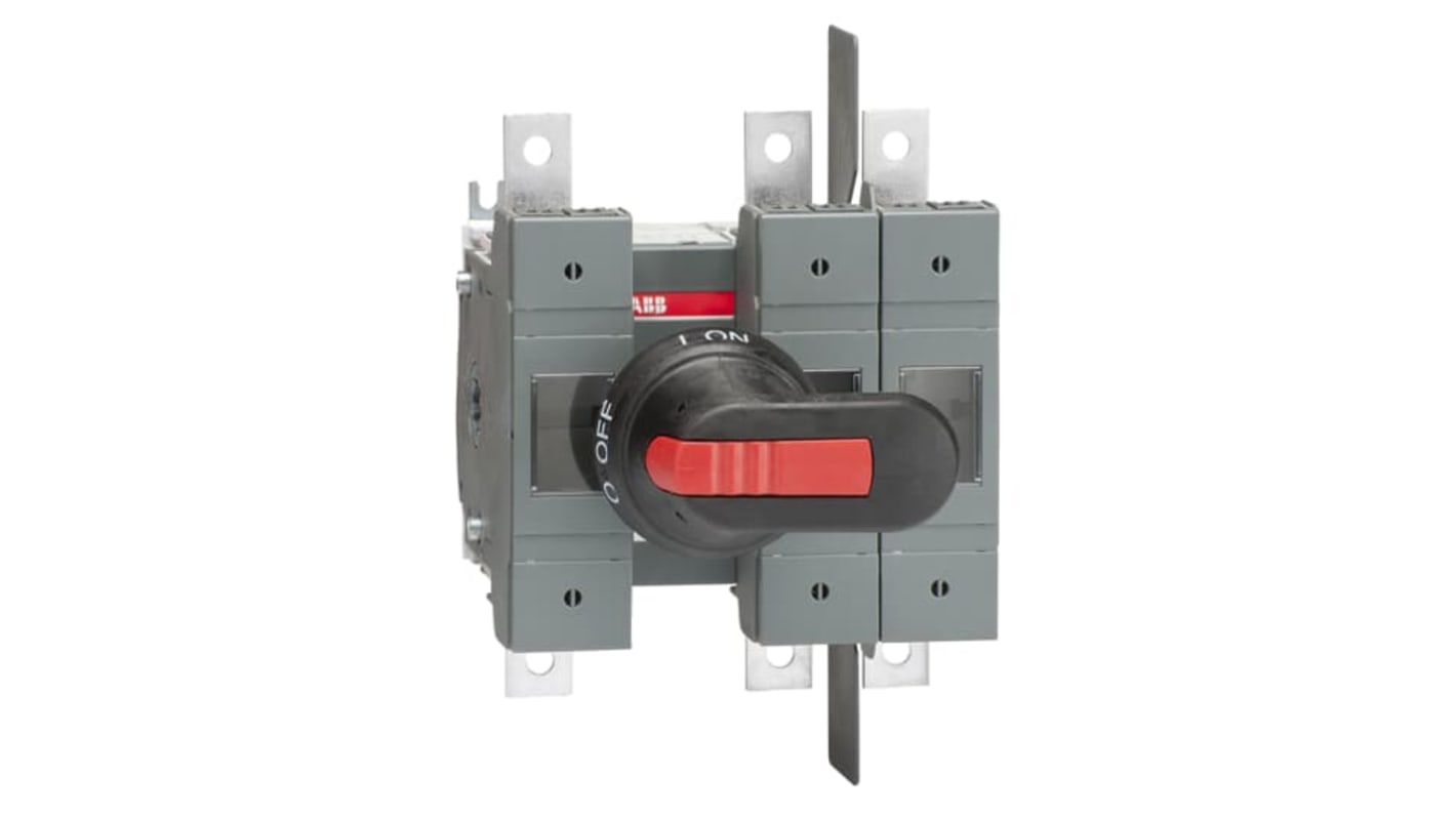 Sezionatore portafusibili ABB 1SCA115666R1001, 3 poli, corrente massima 160A, montaggio su base, include impugnatura e albero.