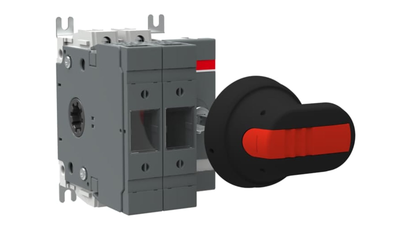 Sezionatore portafusibili integrato ABB, 2 poli, 63A, montaggio su base, con impugnatura e albero. Potenza di perdita 7,5 W per polo.