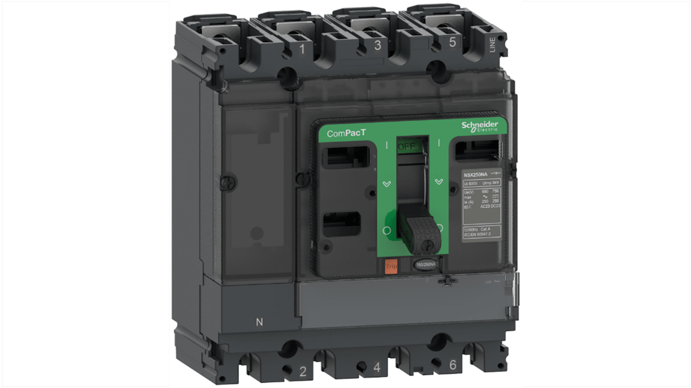 Sezionatore Schneider Electric C164160S a 4 poli, corrente nominale 160A, installazione semplificata e paletta ergonomica.