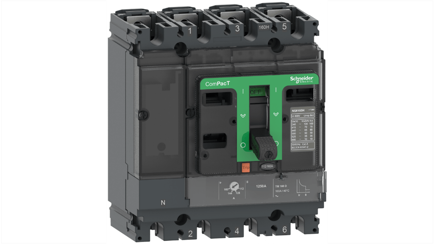 Interruttore magnetotermico Schneider Electric C16H4TM100, 4 poli, 100A, progettato per ottimizzare spazio e cablaggio.