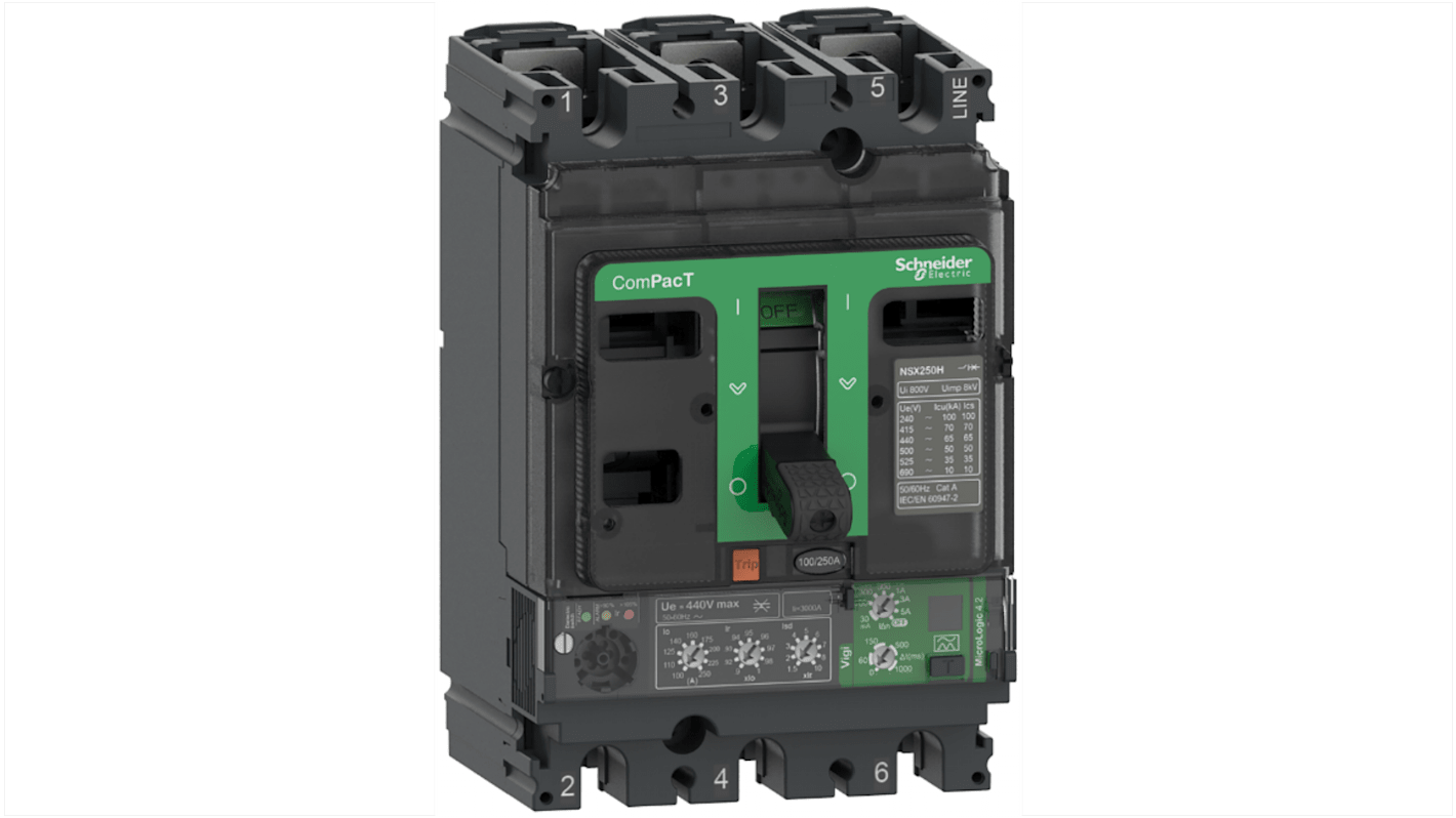 Interruttore magnetotermico scatolato Schneider Electric, 3 poli, 250A, montaggio fisso, con protezione istantanea fissa.